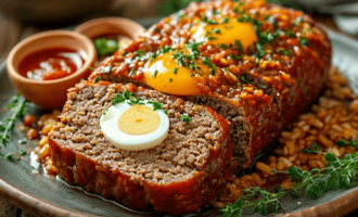 мясной рулет с рисом и яйцом