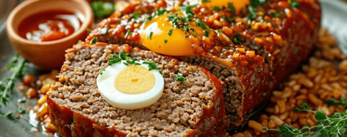 мясной рулет с рисом и яйцом